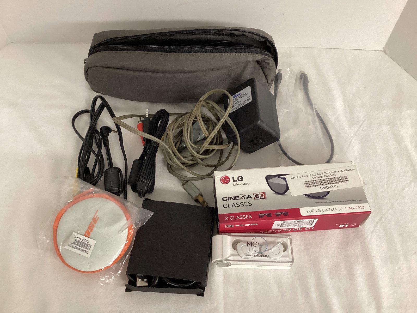 MC2 Earbuds, LG 3D Glasses, Bose Case, Power and Charging Cords: .