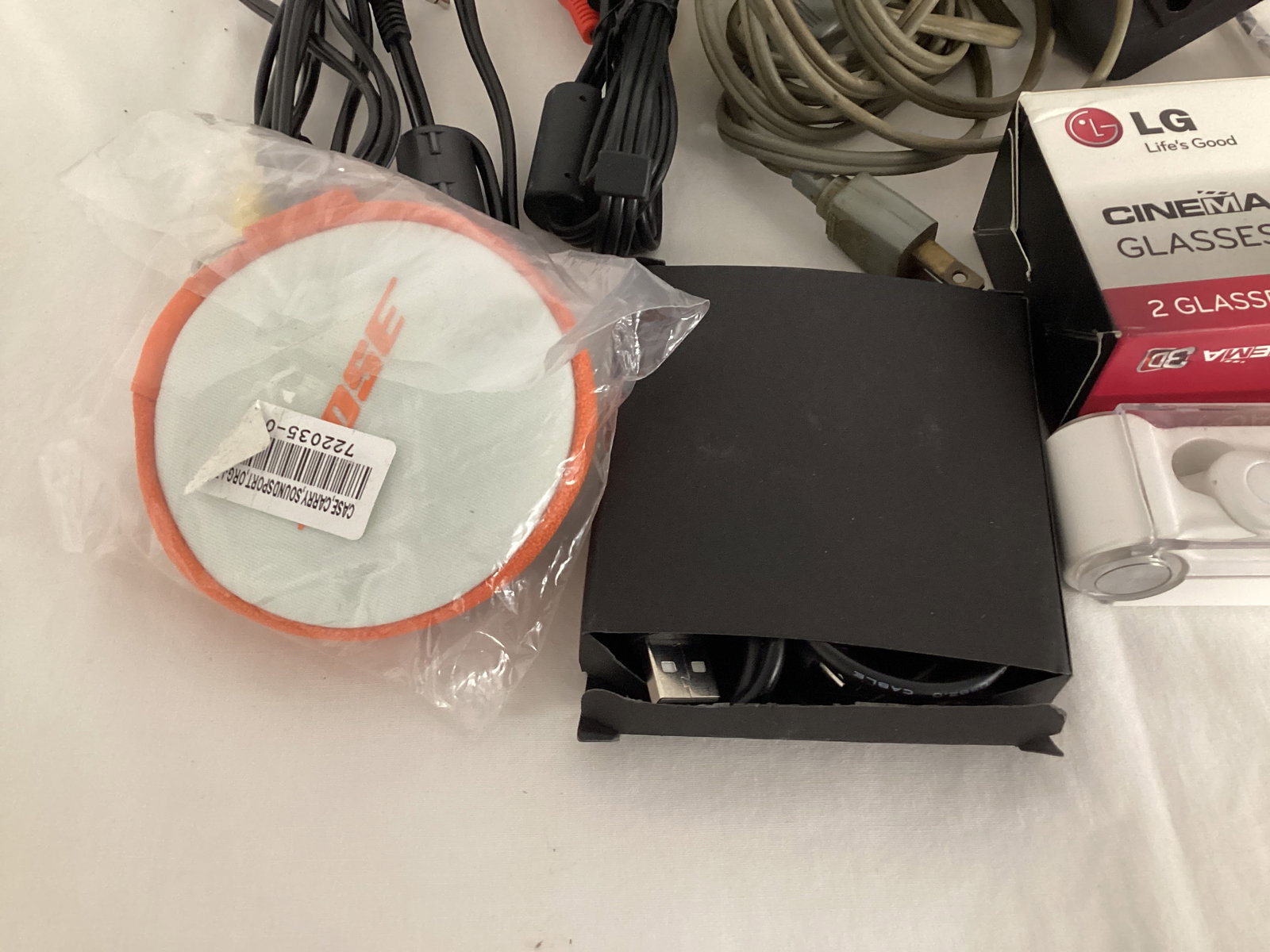 MC2 Earbuds, LG 3D Glasses, Bose Case, Power and Charging Cords - 2