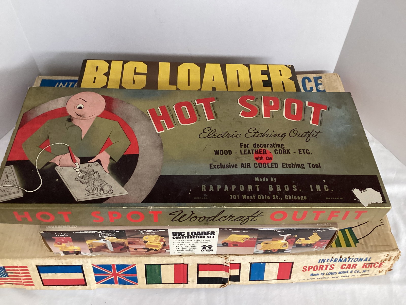 Hot Spot Electric Wood Etching, Big Loader Construction Set, Marx Sports Car Race - 2