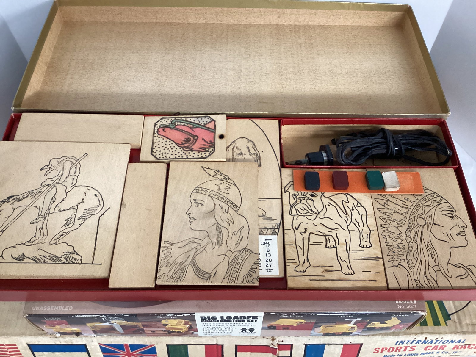 Hot Spot Electric Wood Etching, Big Loader Construction Set, Marx Sports Car Race - 3