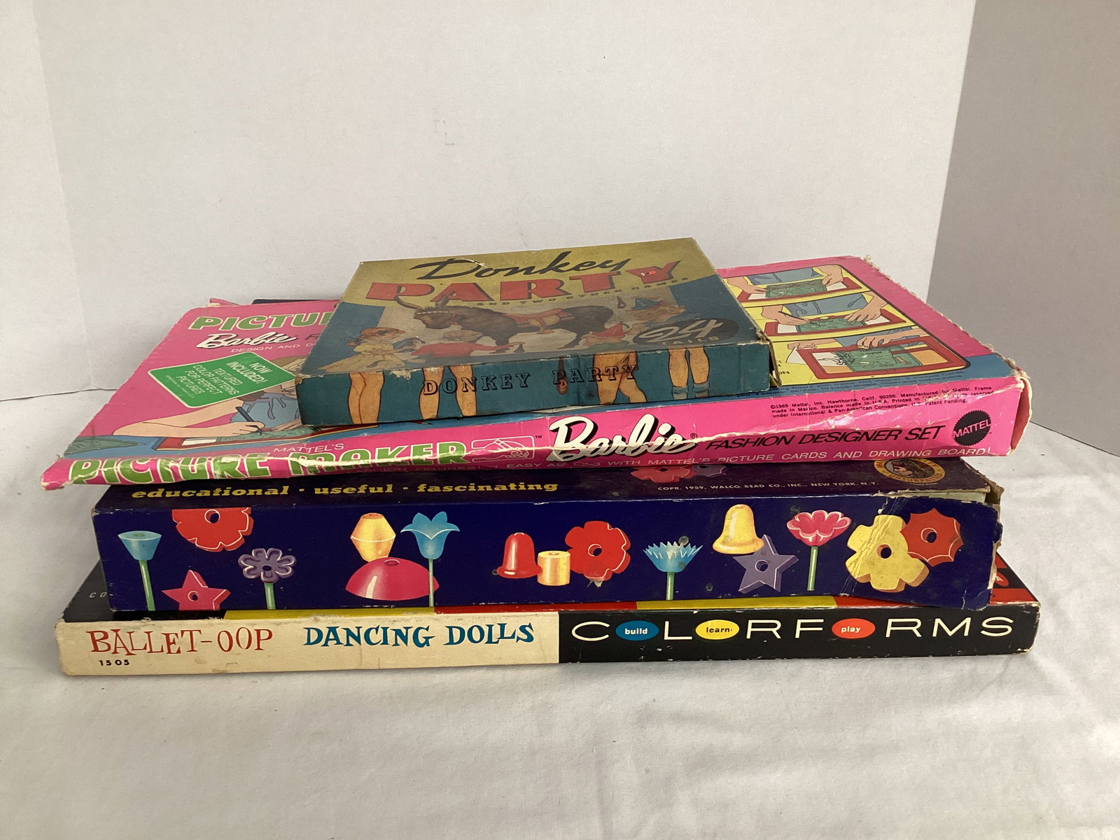 Colorforms, Barbie Picture Maker, Donkey Party, Bead Gardens: unsure if complete, shipping unavailable on this lot