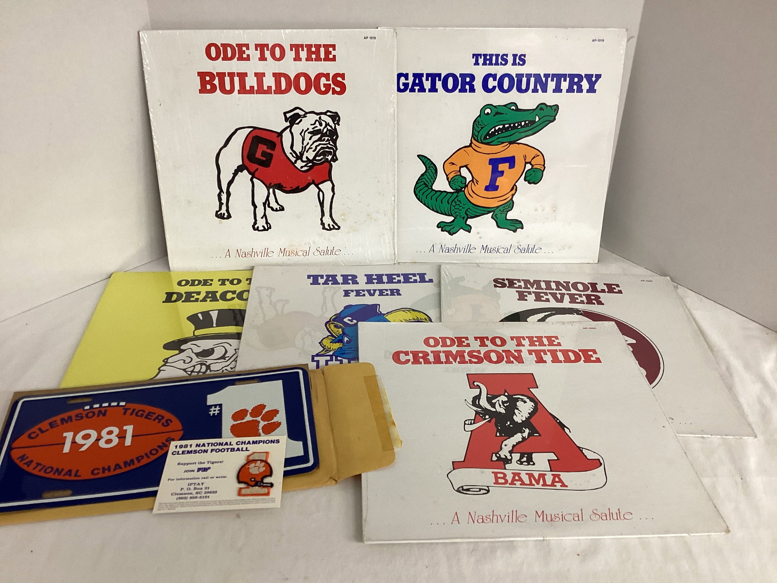 1981 Clemson Tigers Patch and License Plate, Nashville Musical Salute College LP Vinyl Records (1 of 6)