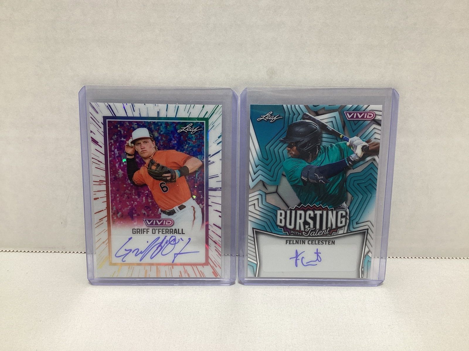 Two Leaf Vivid Autographed Baseball Cards: .