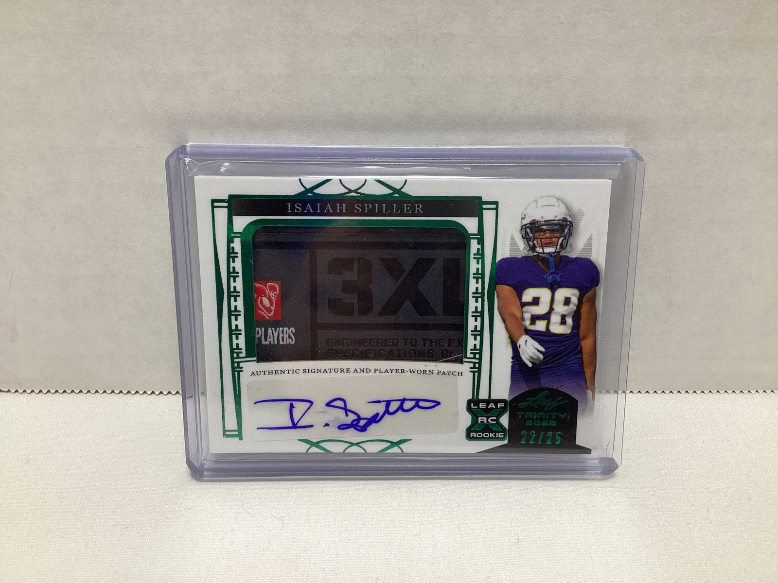 2022 Leaf Trinity Isaiah Spiller Rookie Autograph Relic 22/25 Football Card: .