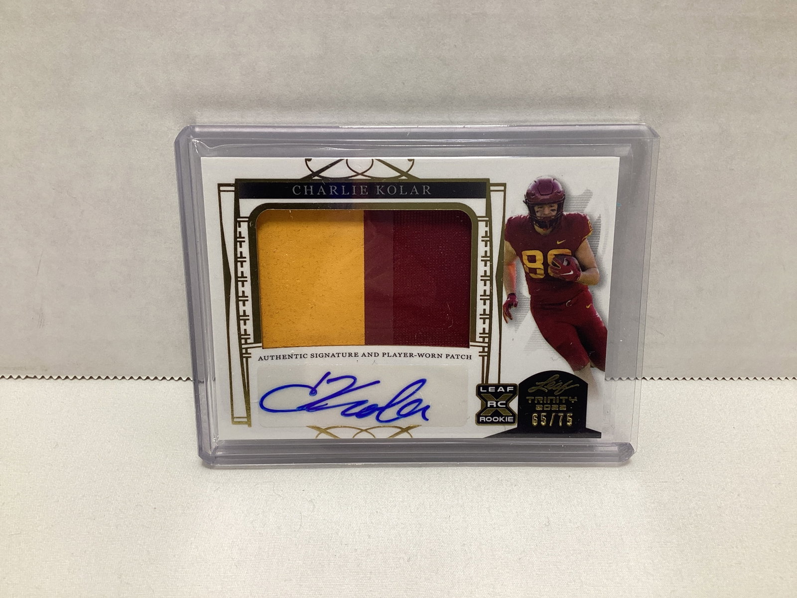 2022 Leaf Trinity Charlie Kolar Rookie Autograph Relic 65/75 Football Card: .
