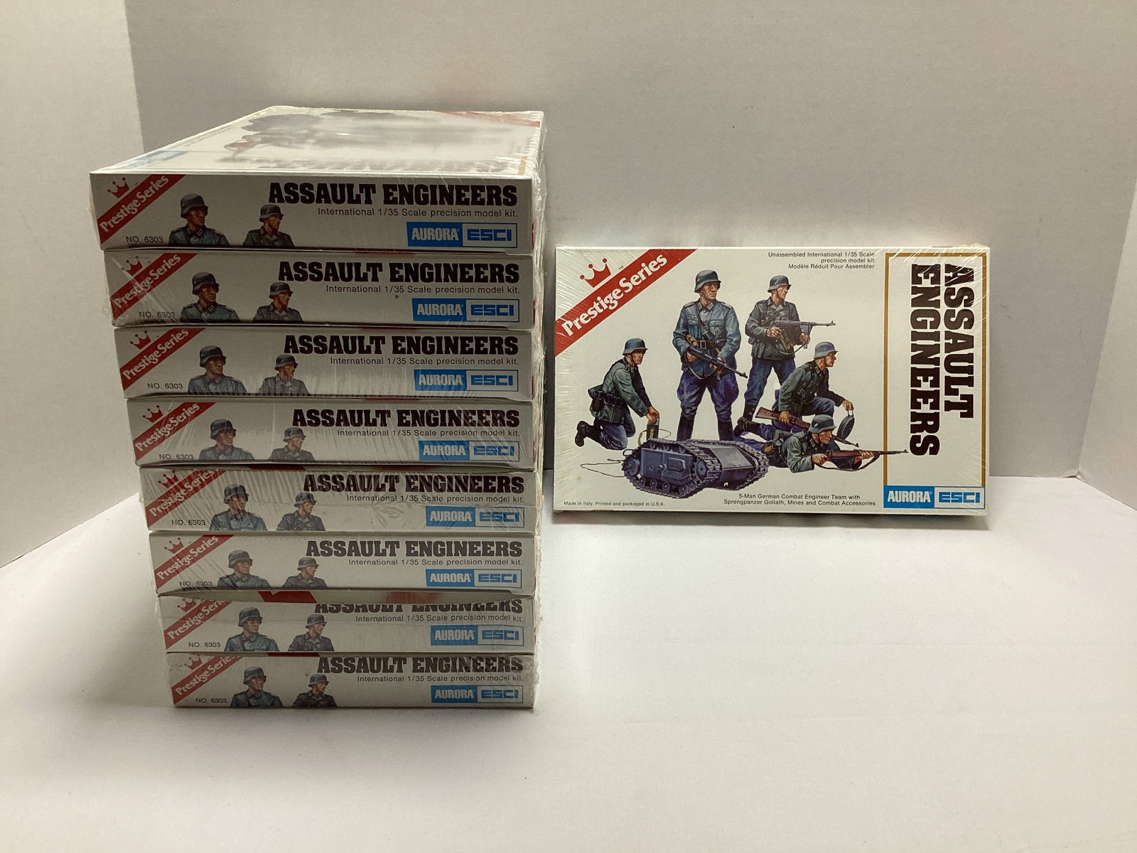 Nine Aurora ESCI Prestige Series Sealed Assault Engineers 6303 Model Kits: German Combat Engineer Team, 1:35 scale