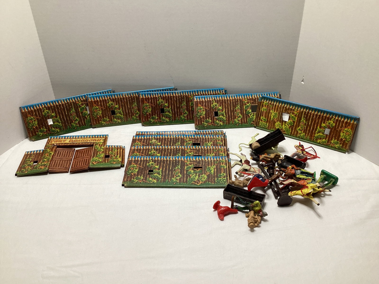 Metal Fort Dearborn Fort and Cowboys and Indians Figures: .