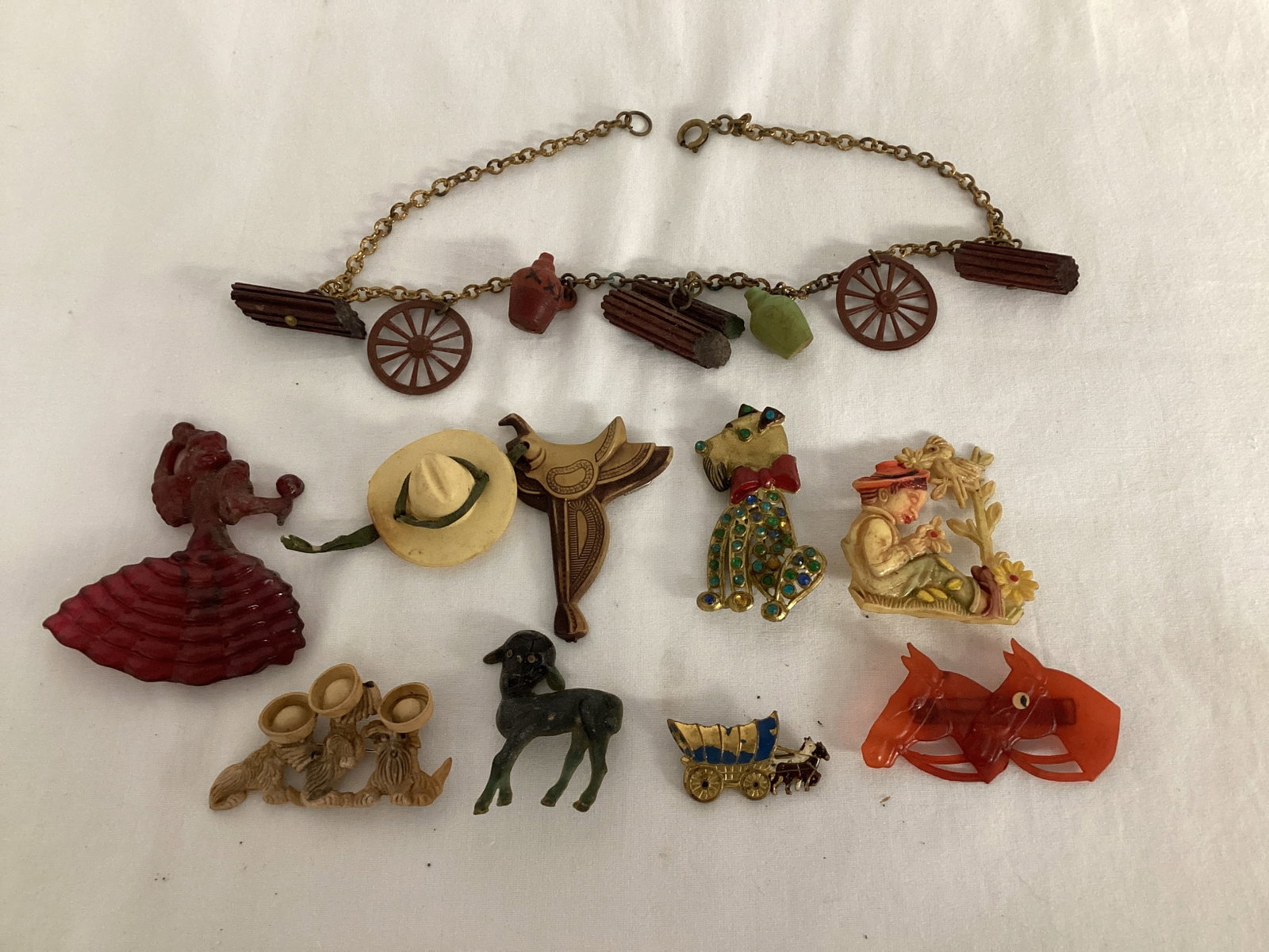 Vintage Plastic Pins and Necklace: one pin is metal