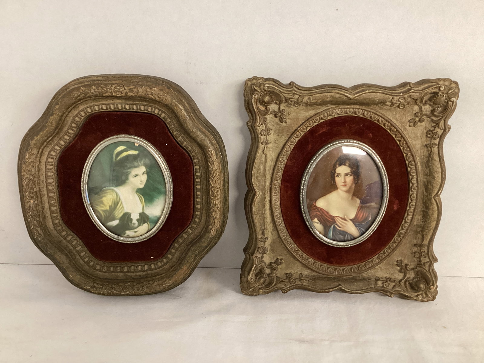 Two Framed Portrait Prints Under Bubble Glass: 6" w x 7 1/2" h