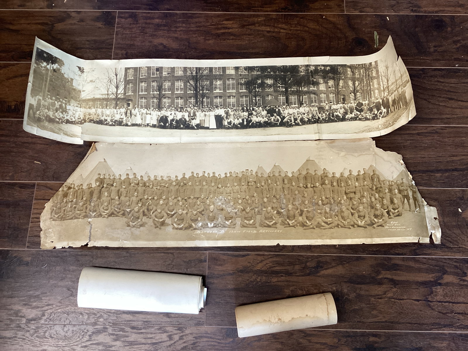 Four Yard Long Panoramic Photos - 1918 Navy, Camp Mills Army, Factory, and 1931 Electrical School: two are rolled, three have damage
