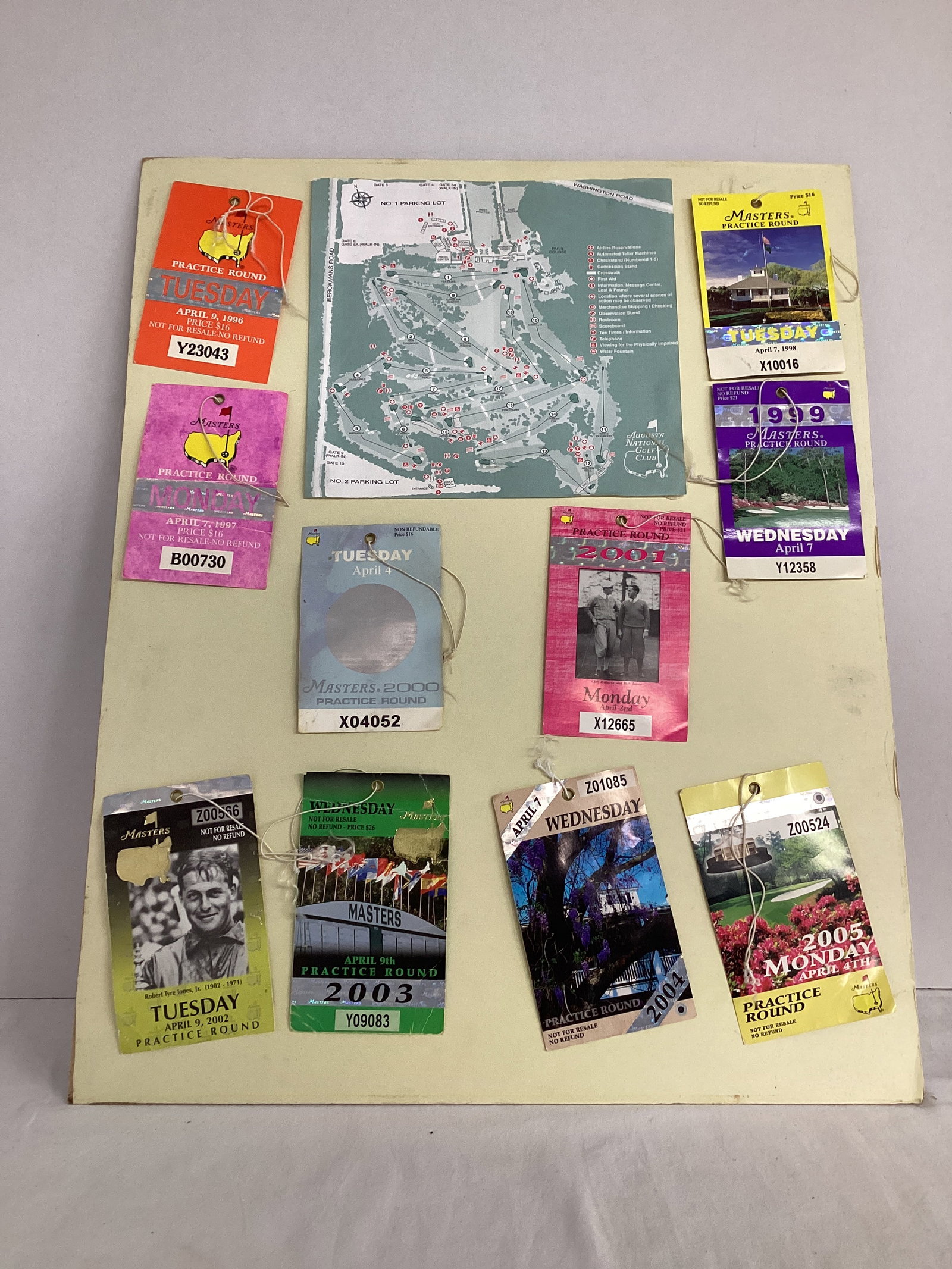 Masters Golf Practice Round Badges Mounted on Board: .