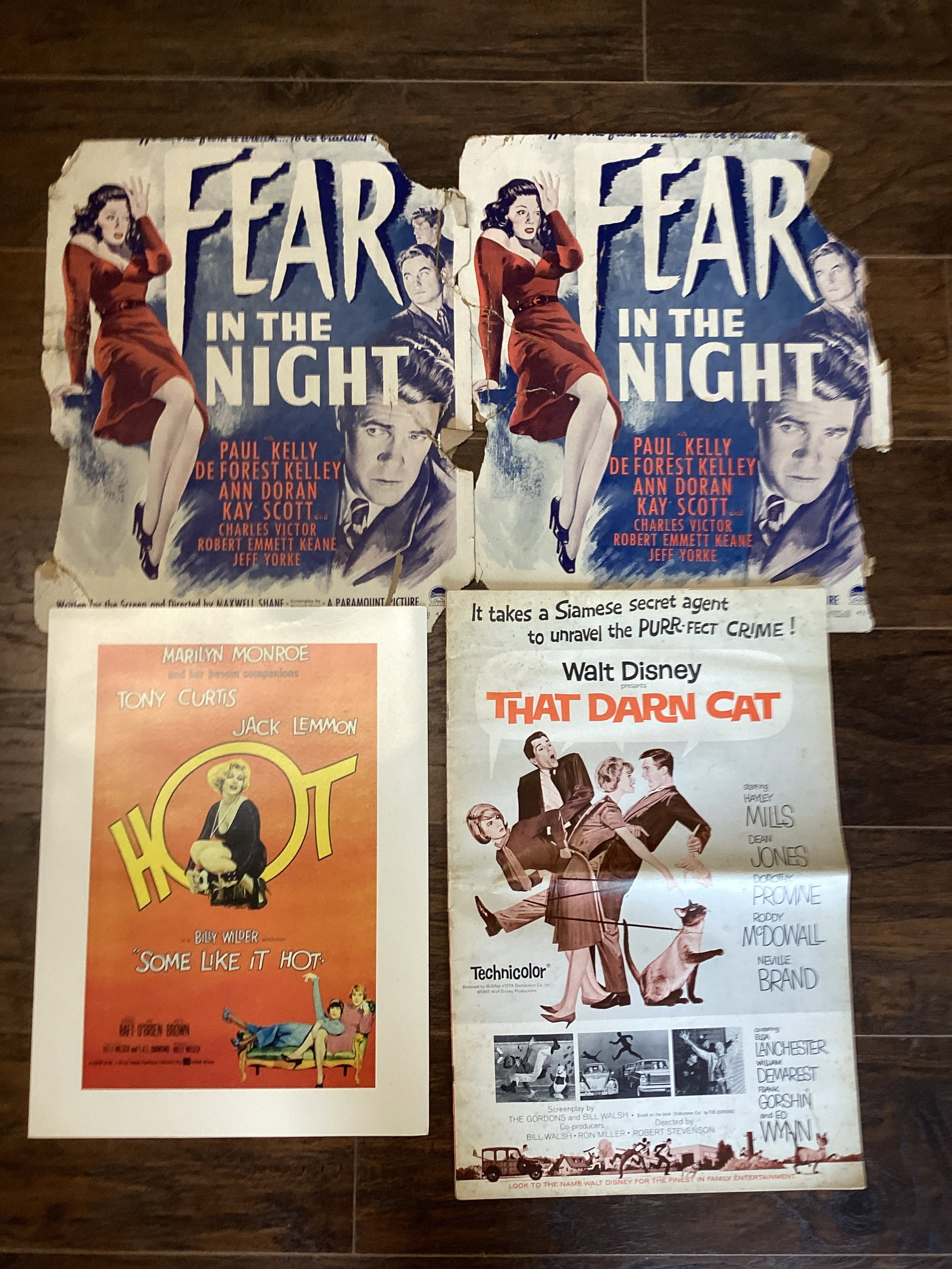 Two 1947 Fear in the Night Posters, Some Like it Hot Reprint Poster, That Darn Cat Magazine: Fear posters are in poor condition; magazine has had clippings taken