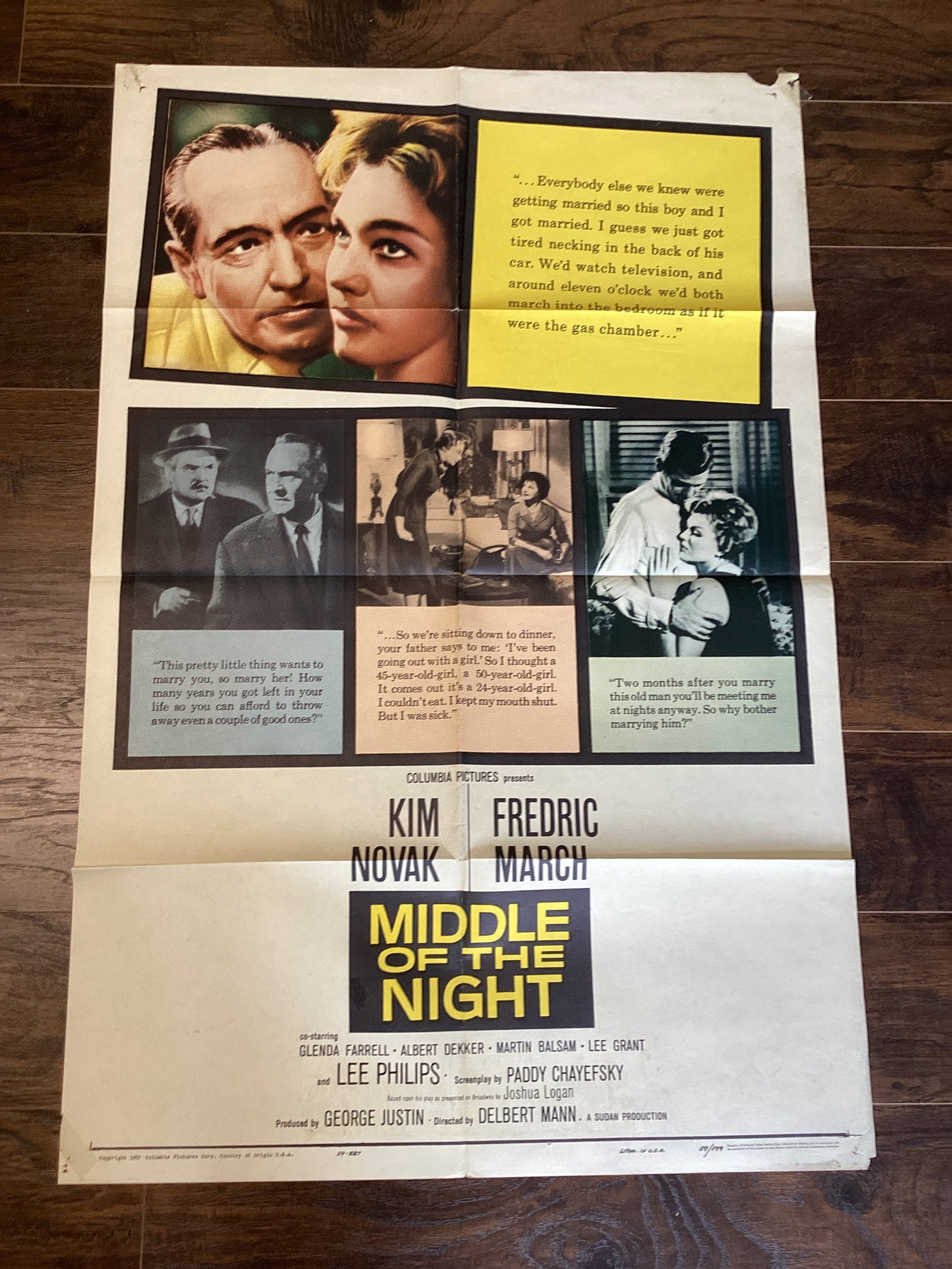 Folded "Middle of the Night" Movie Poster: dated 1959, please preview for condition, 27" w x 40 3/4" h