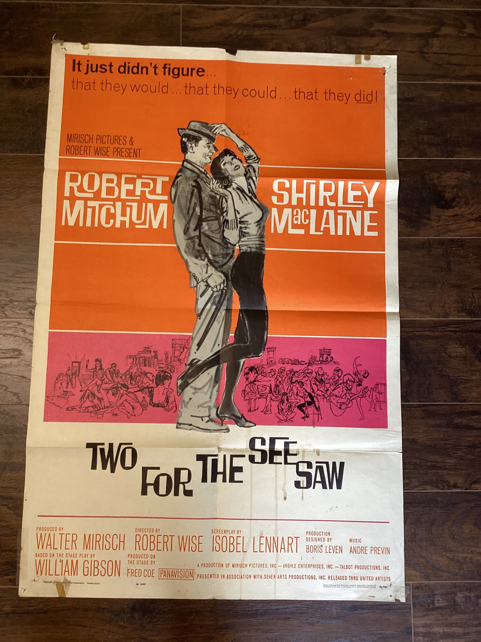 Folded "Two for the See Saw" Movie Poster: dated 1962, please preview for condition, 27" w x 41" h