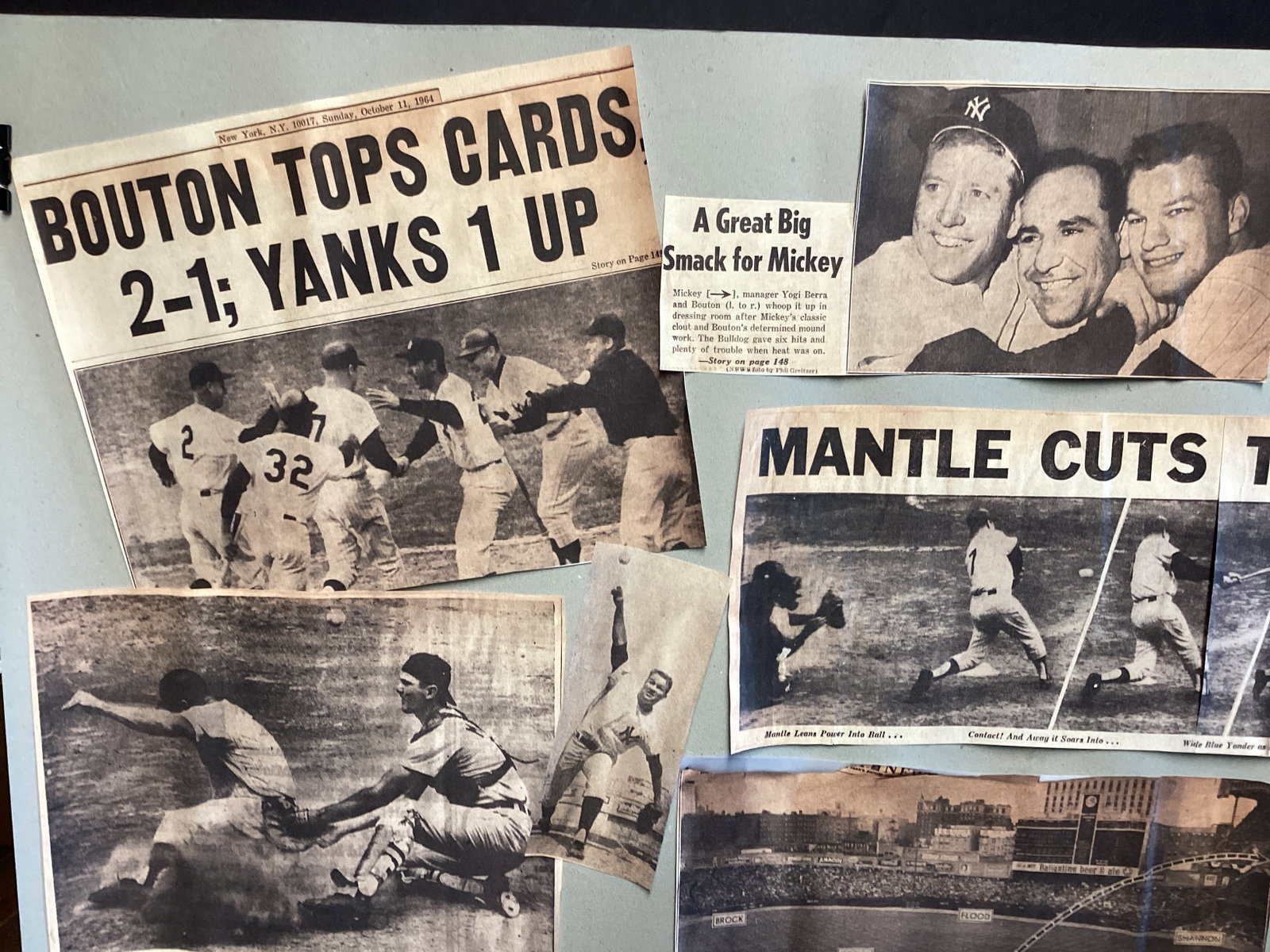 New York Yankees Baseball Newspaper Clippings Affixed to Poster with Whitey Ford Signed Paper - 2