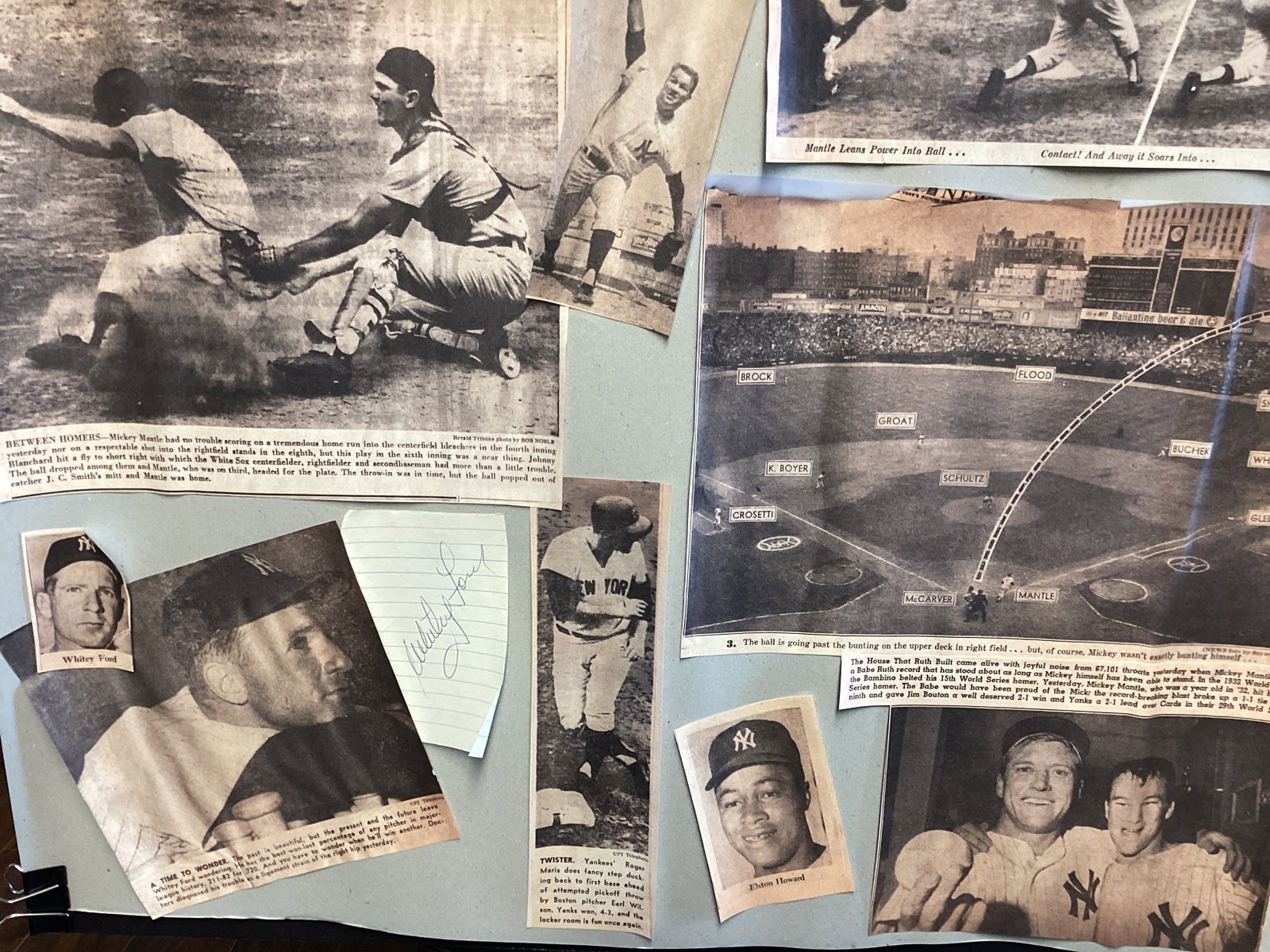 New York Yankees Baseball Newspaper Clippings Affixed to Poster with Whitey Ford Signed Paper - 3