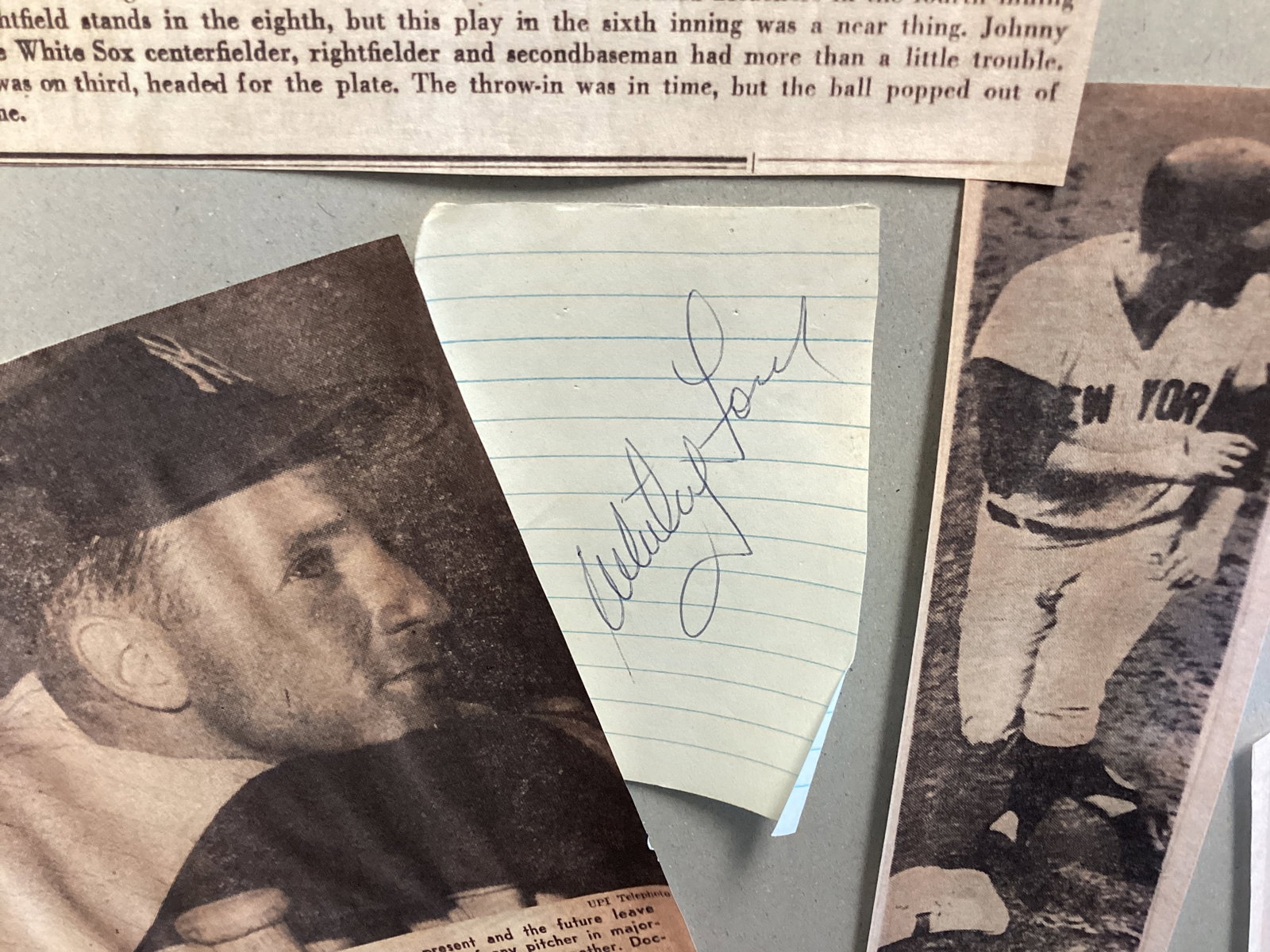 New York Yankees Baseball Newspaper Clippings Affixed to Poster with Whitey Ford Signed Paper - 4