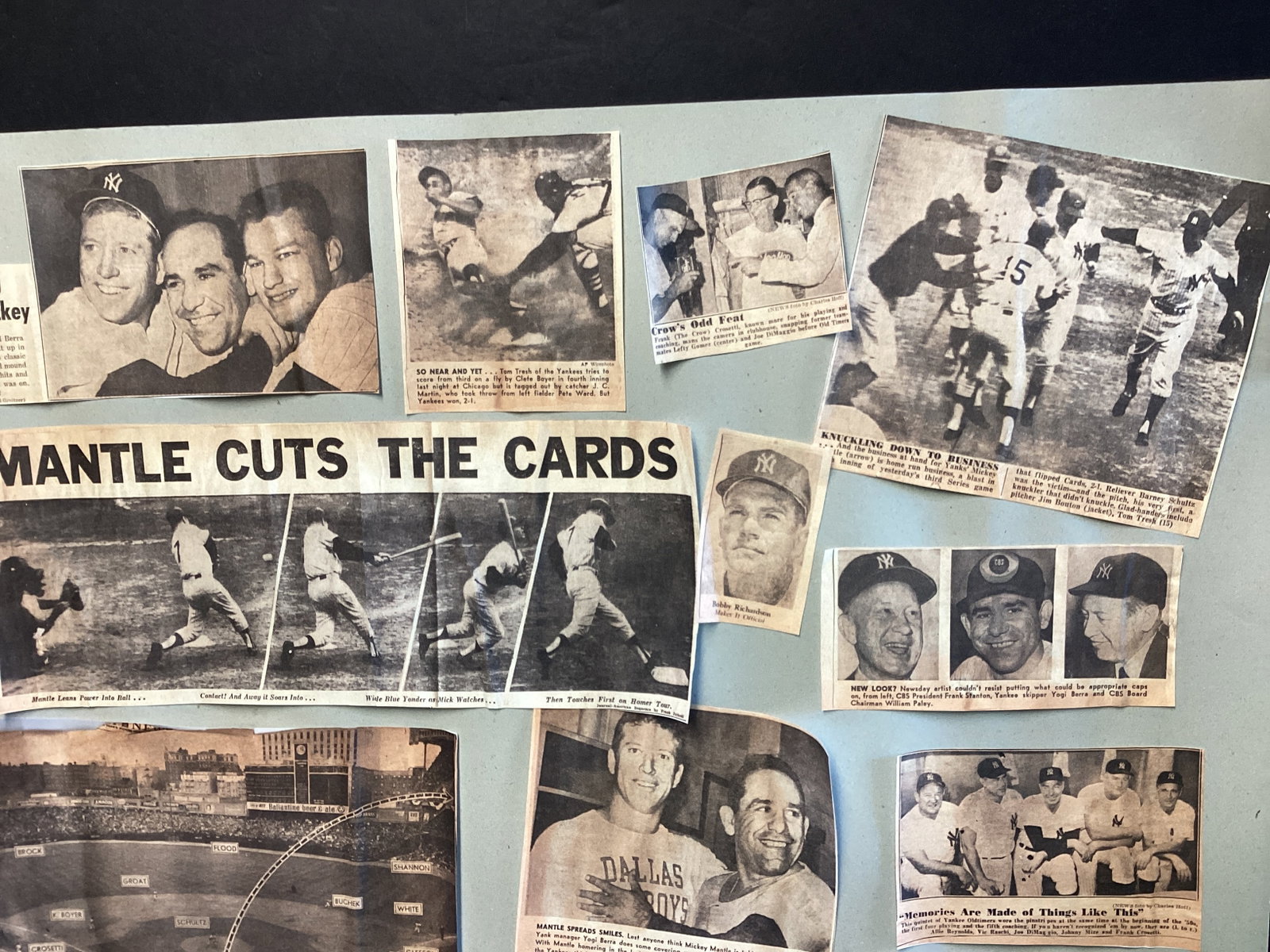 New York Yankees Baseball Newspaper Clippings Affixed to Poster with Whitey Ford Signed Paper - 5