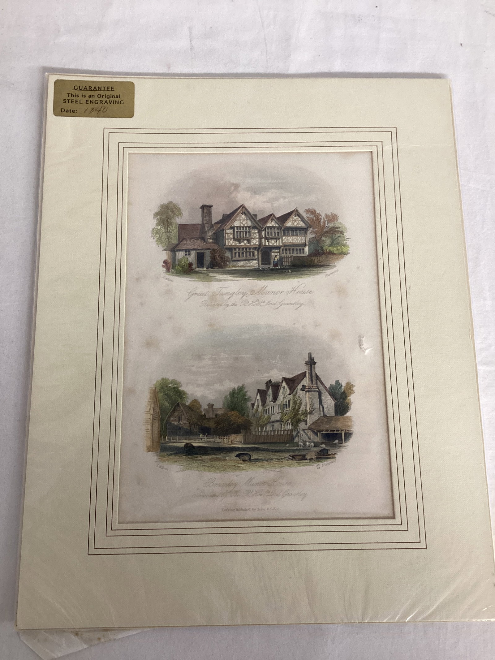 Original Steel Engraving with Mat: sticker says 1840 date, small hole, 10" x 12 3/4" overall