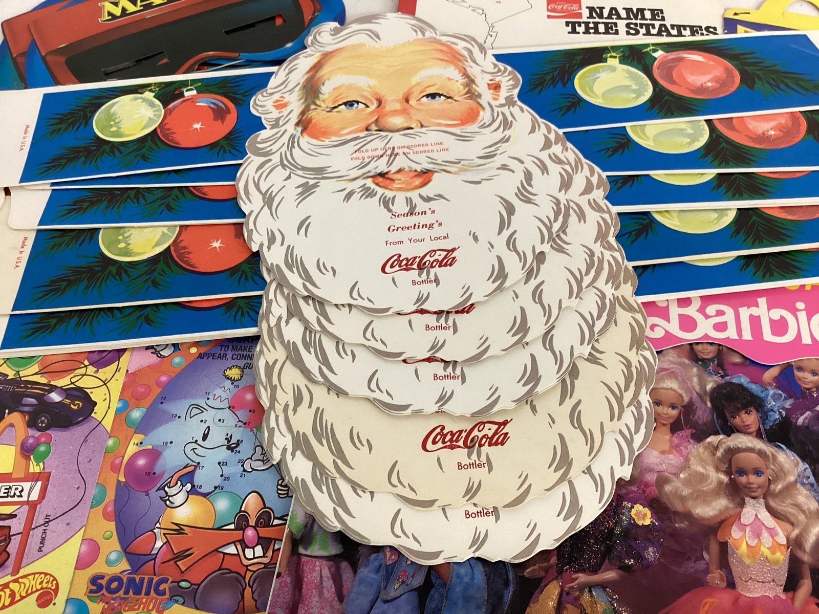 Coca-Cola Santa Headband and 50 States Notebook, McDonalds Happy Meal Boxes, Barbie Calendar - 4