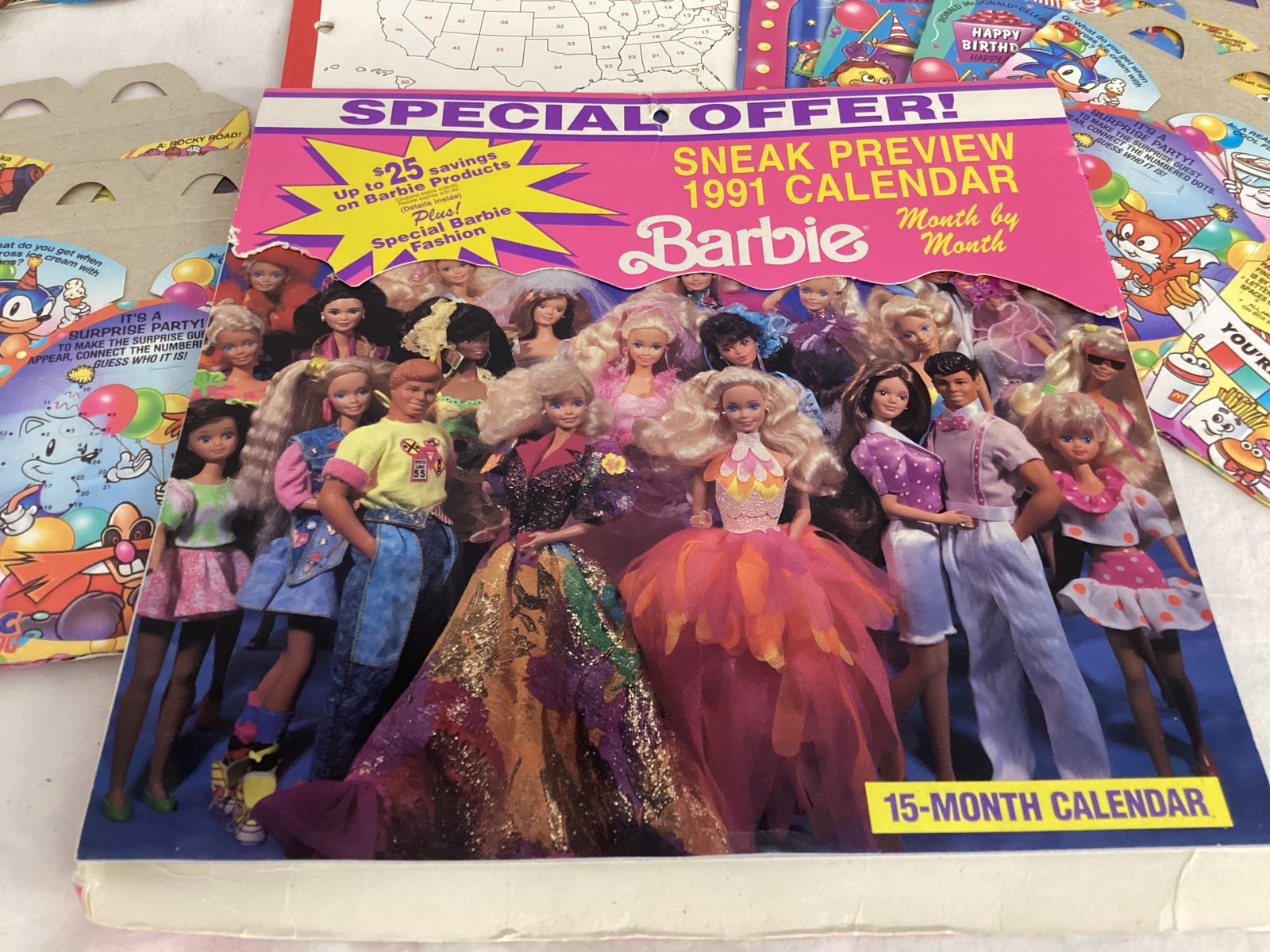 Coca-Cola Santa Headband and 50 States Notebook, McDonalds Happy Meal Boxes, Barbie Calendar - 5