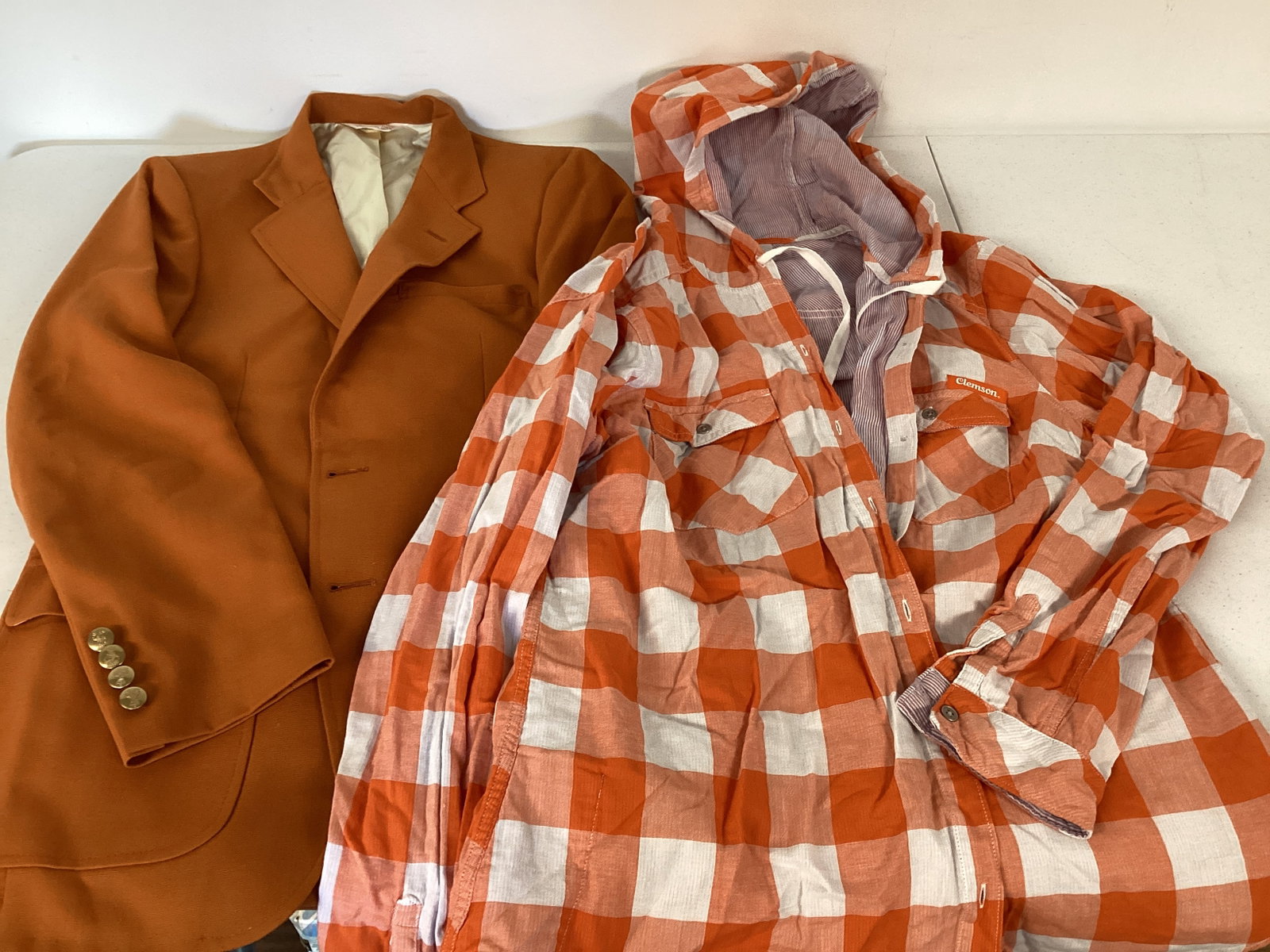 The Clemson Blazer and Columbia Hooded Long Sleeve Shirt: jacket 36R, shirt women's XL