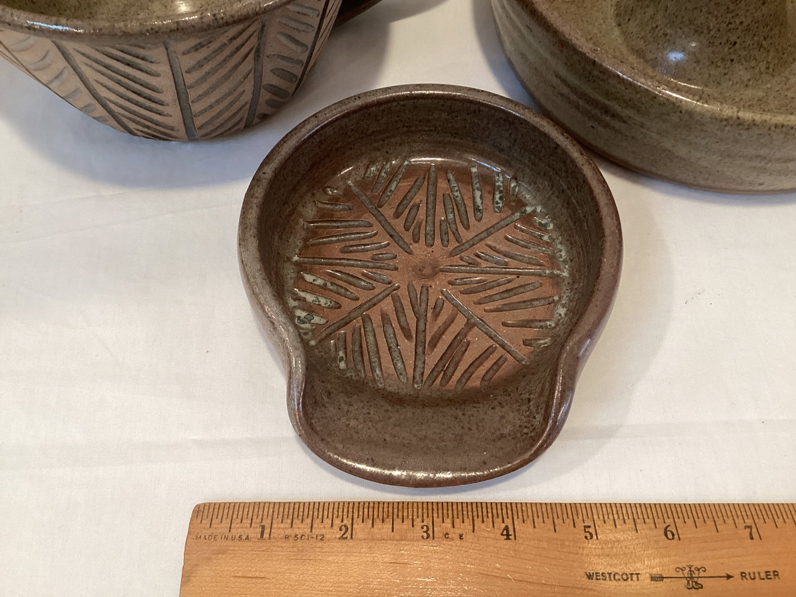 Signed Pottery Spoon Rest, Batter Bowl, and Baking Pan - 2