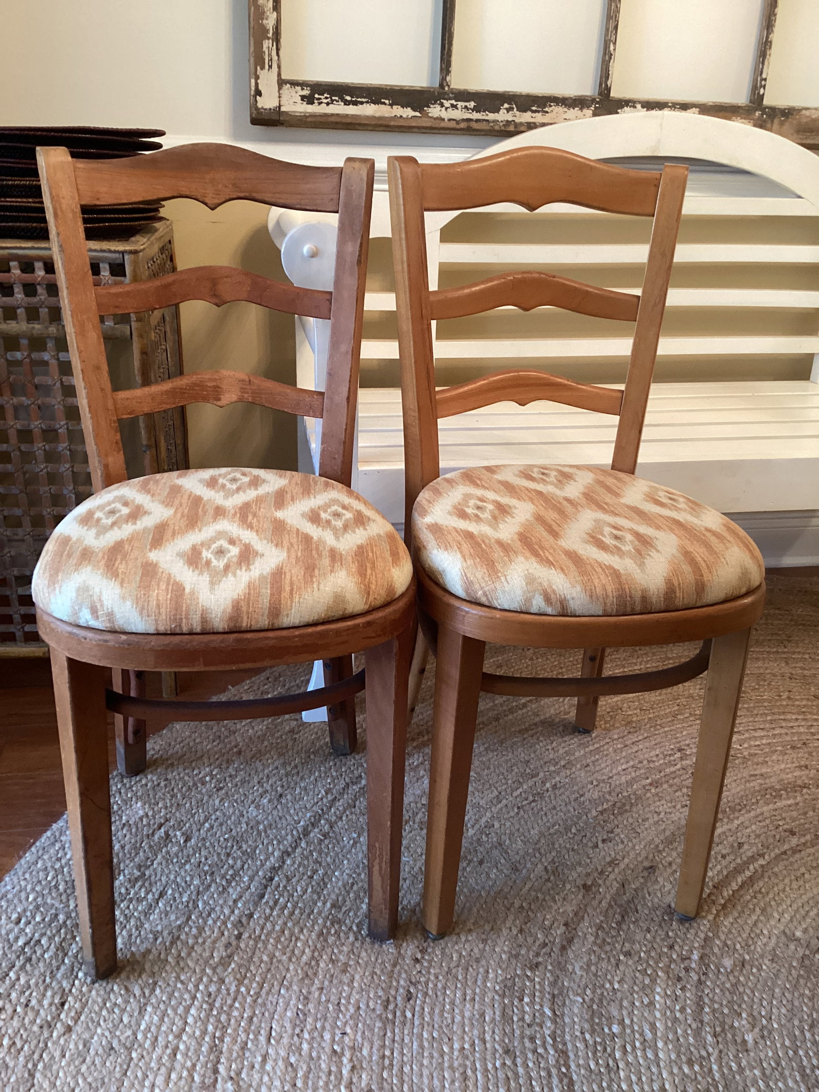 Two Vintage Wood Dining Chairs with Upholstered Seats: came out of the Georgia Tech dining hall, 15" w seat, shipping unavailable for this lot