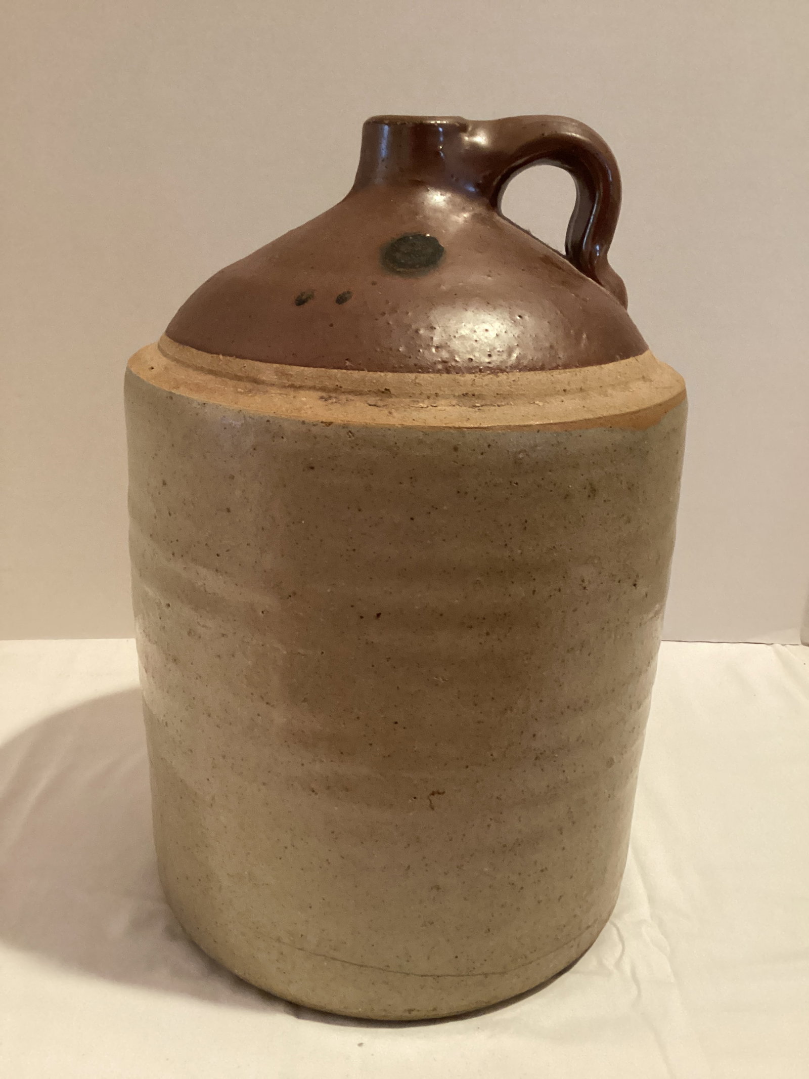 Antique Brown and Tan Glazed Stoneware Jug: some imperfections, 13" h