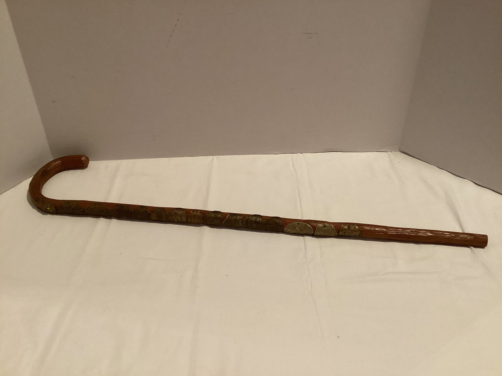 Vintage German Hiking Cane with Medals: 27" L, shipping unavailable for this lot