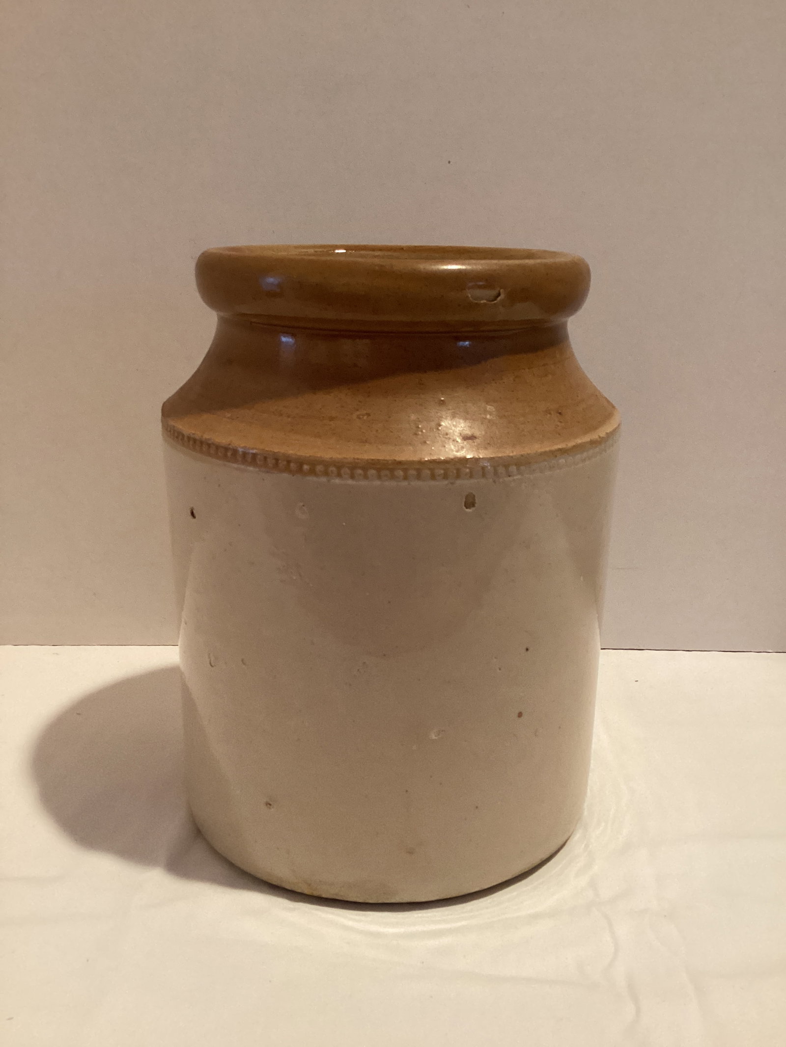 Vintage Glazed Stoneware Crock: 8" h, some imperfections