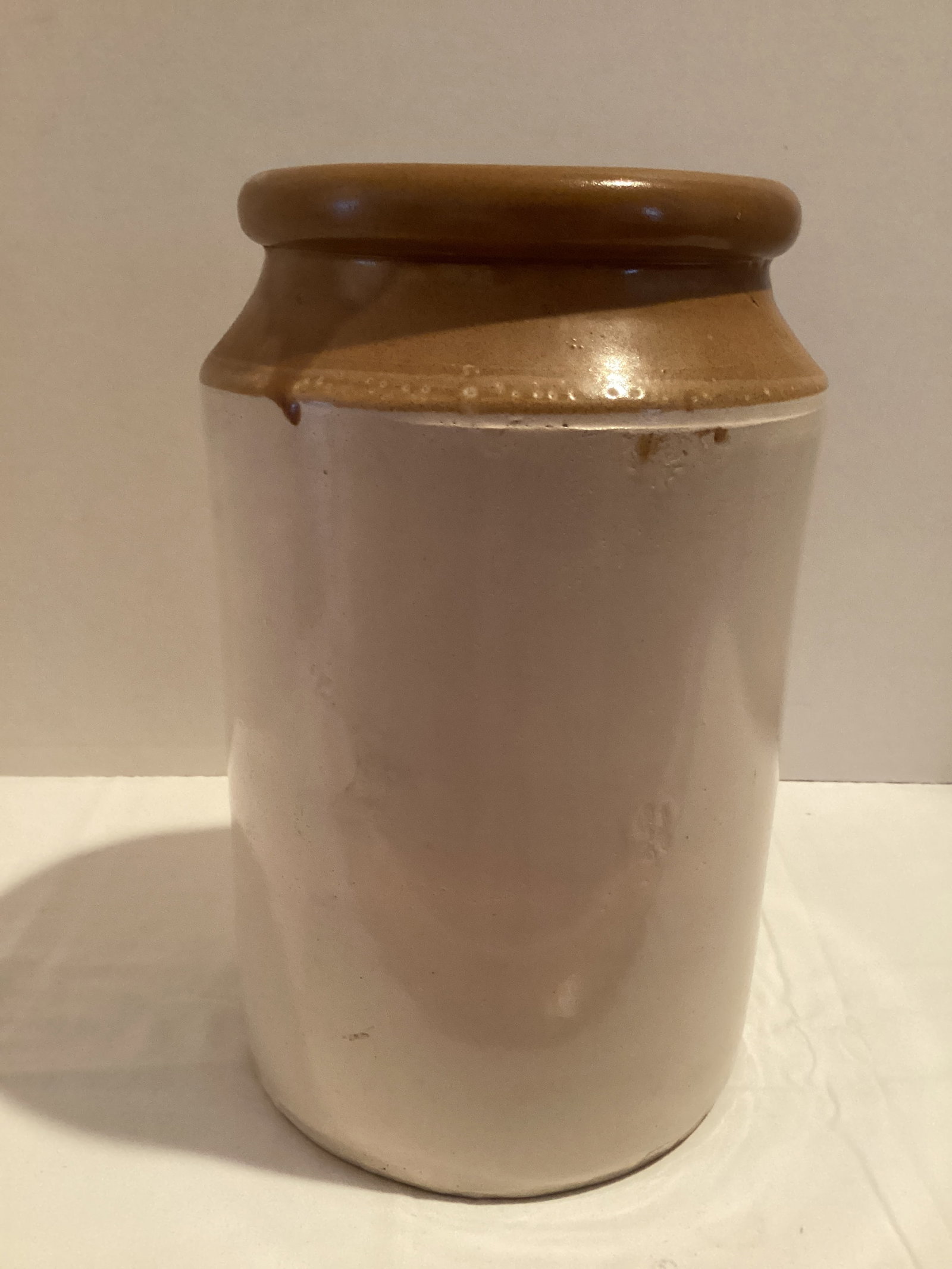 Vintage Tall Glazed Stoneware Crock: 12" h, chip on bottom