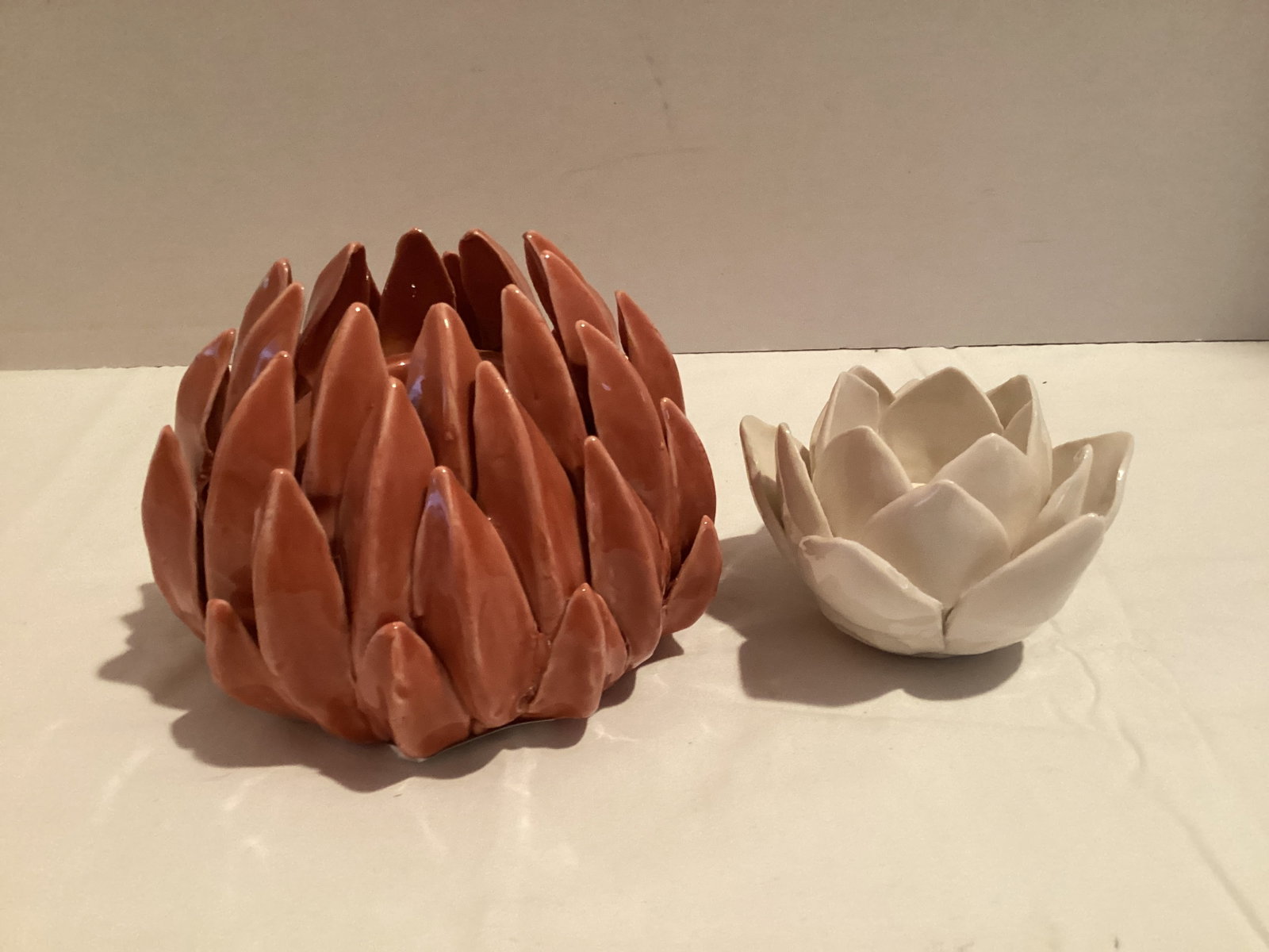 Two Artichoke Style Candle Holders: 3" and 4" h