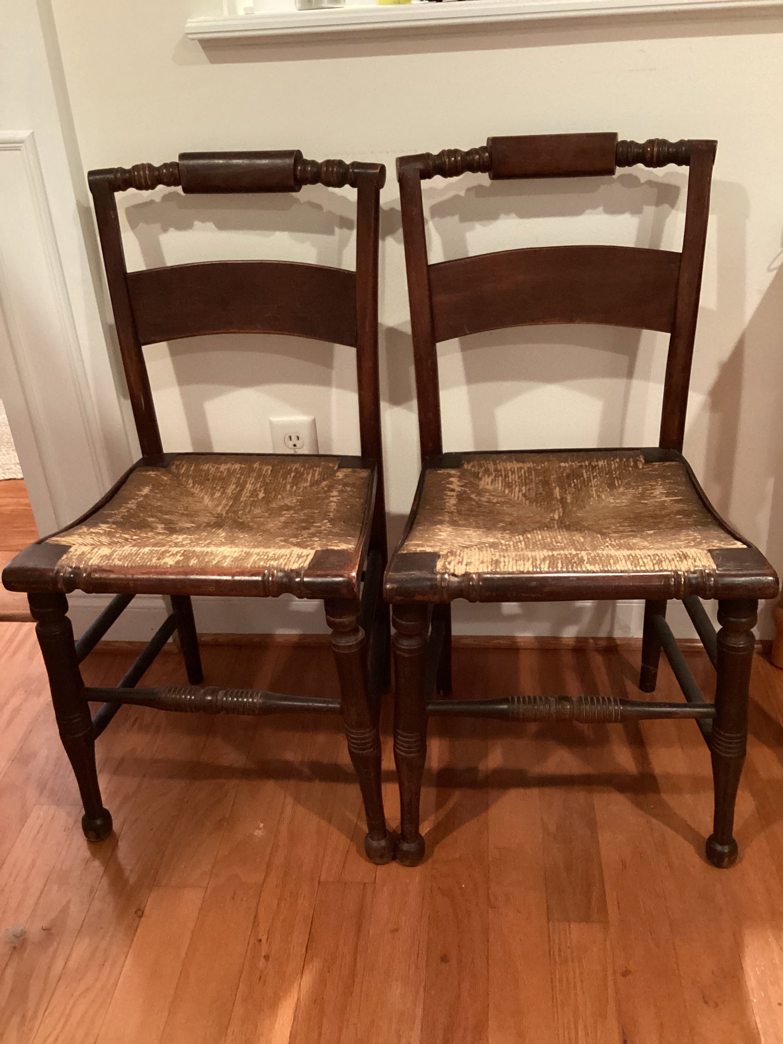 Two Antique Dining Chairs with Woven Seats: 17" w seat, finish wear, shipping unavailable for this lot