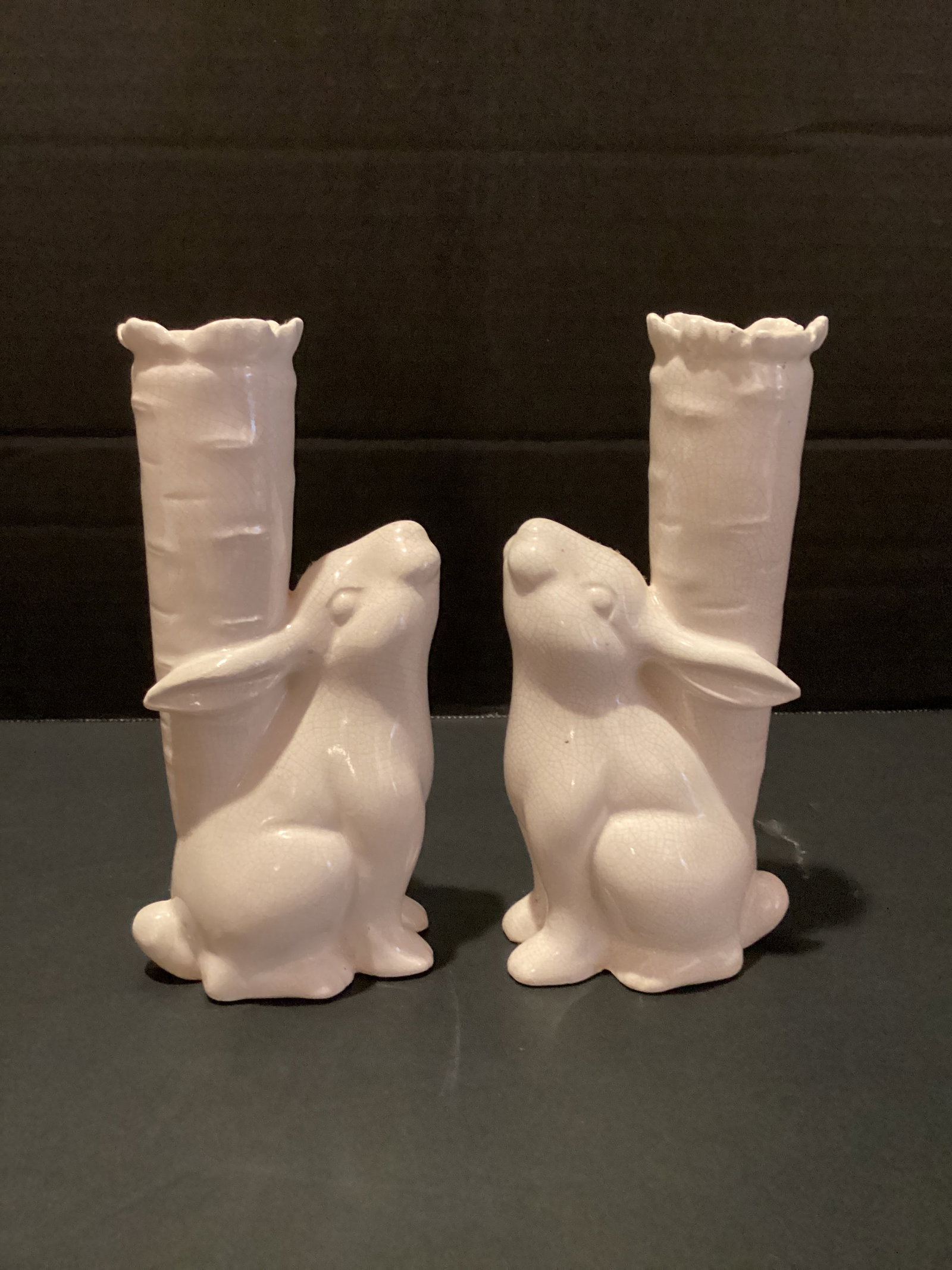 Pair of Rabbit Candleholders: 6" h, crazing