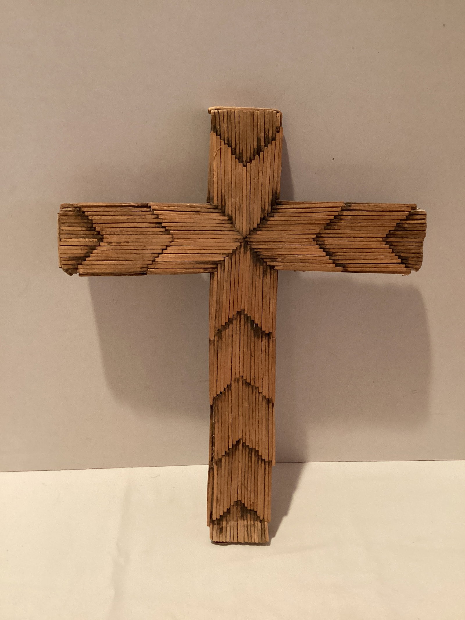 Folk Art Matchbox and Matchstick Cross: 10 1/2" h, missing a few pieces