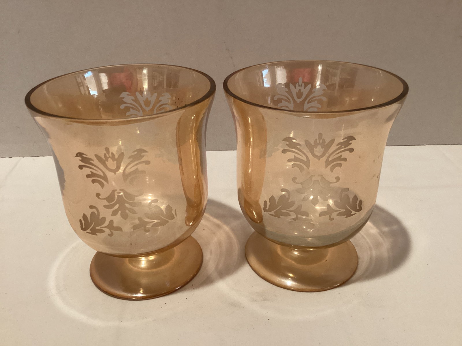 Pair of Amber Iridescent Pedestal Candle Holders: 5 1/4" h