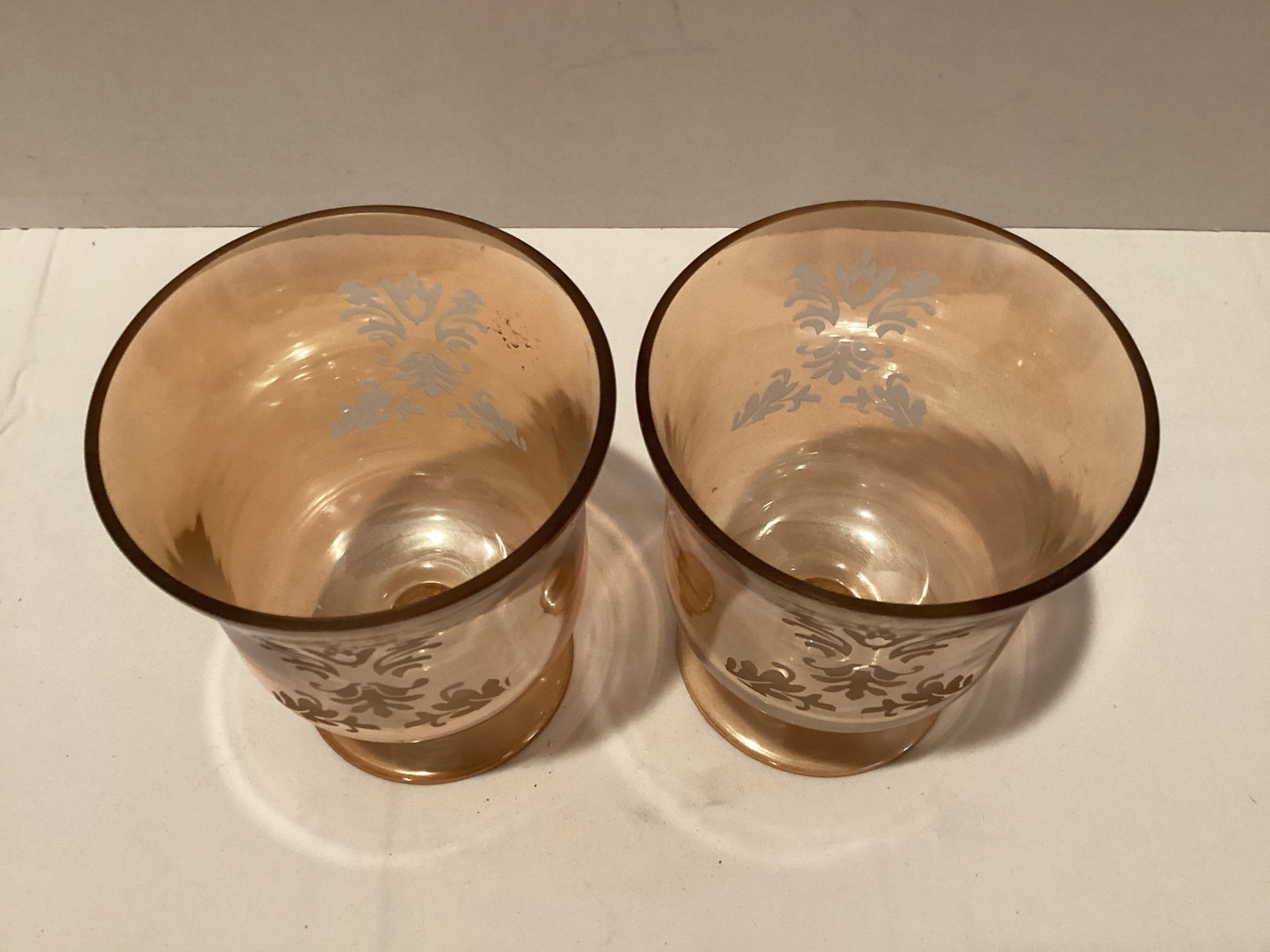 Pair of Amber Iridescent Pedestal Candle Holders - 2