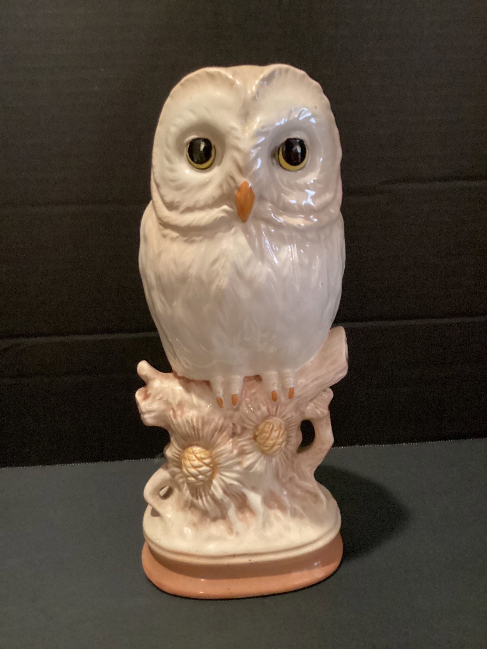 Ceramic Owl on Log Figure: 11" h