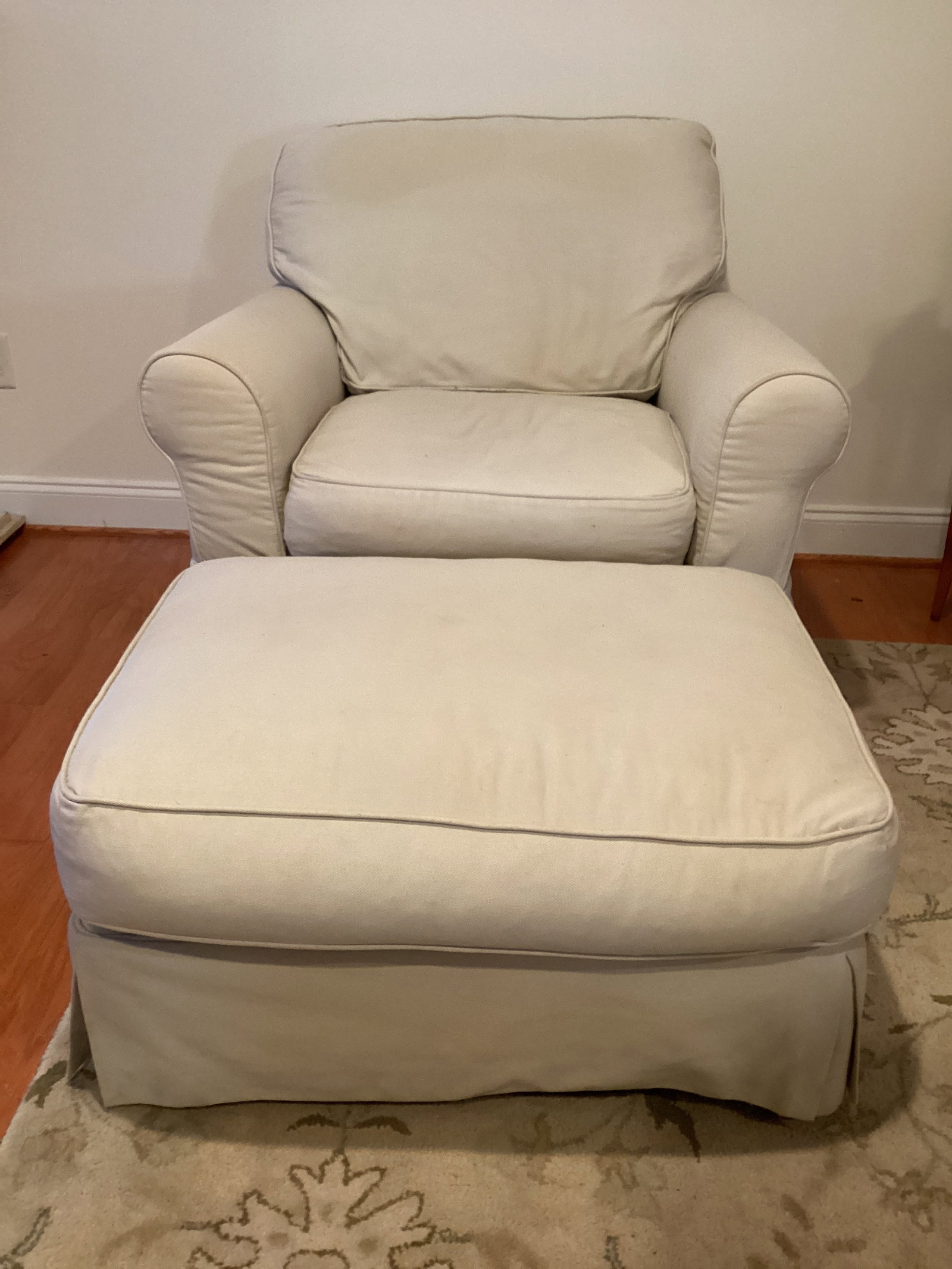 Upholstered Chair and Ottoman: needs cleaning, feather filled, covers come off, 24" x 32" ottoman, 38" w chair, shipping unavailable for this lot