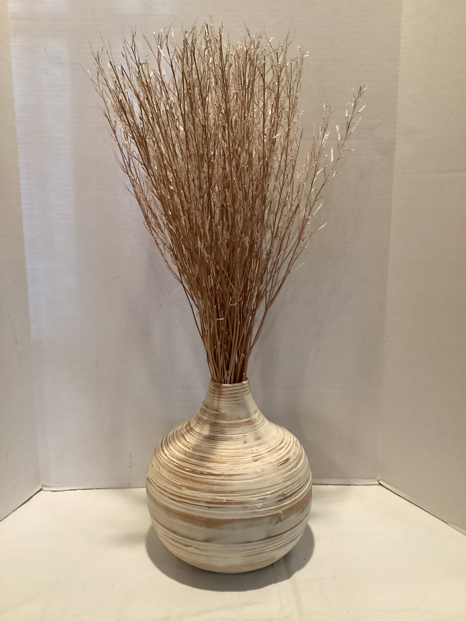 Whitewash Bamboo Vase with Arrangement: vase 10 1/2" h, if shipping is needed, arrangement will be discarded