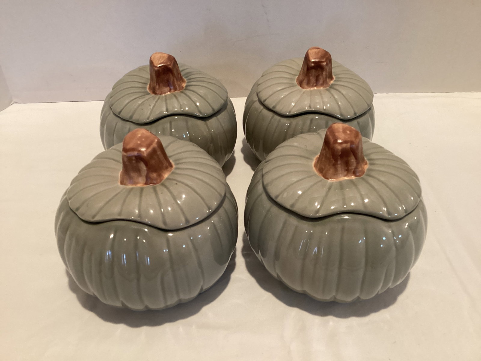 Four Williams Sonoma Pumpkin Covered Candy Dishes: 4 1/2" h