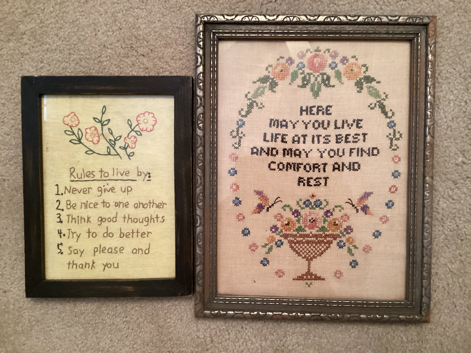Two Inspirational Framed Needlepoints: one is loose from frame