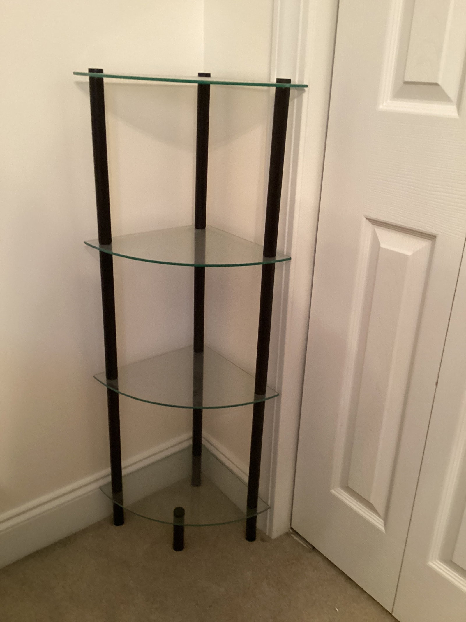 Four Shelf Glass Corner Unit: 12" x 12" x 41" h, shipping unavailable for this lot
