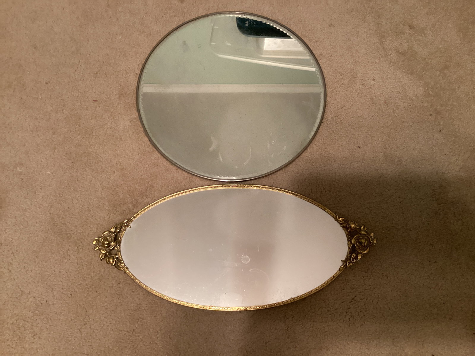 Two Vintage Vanity Mirrors: one 18" L, one 14" diameter