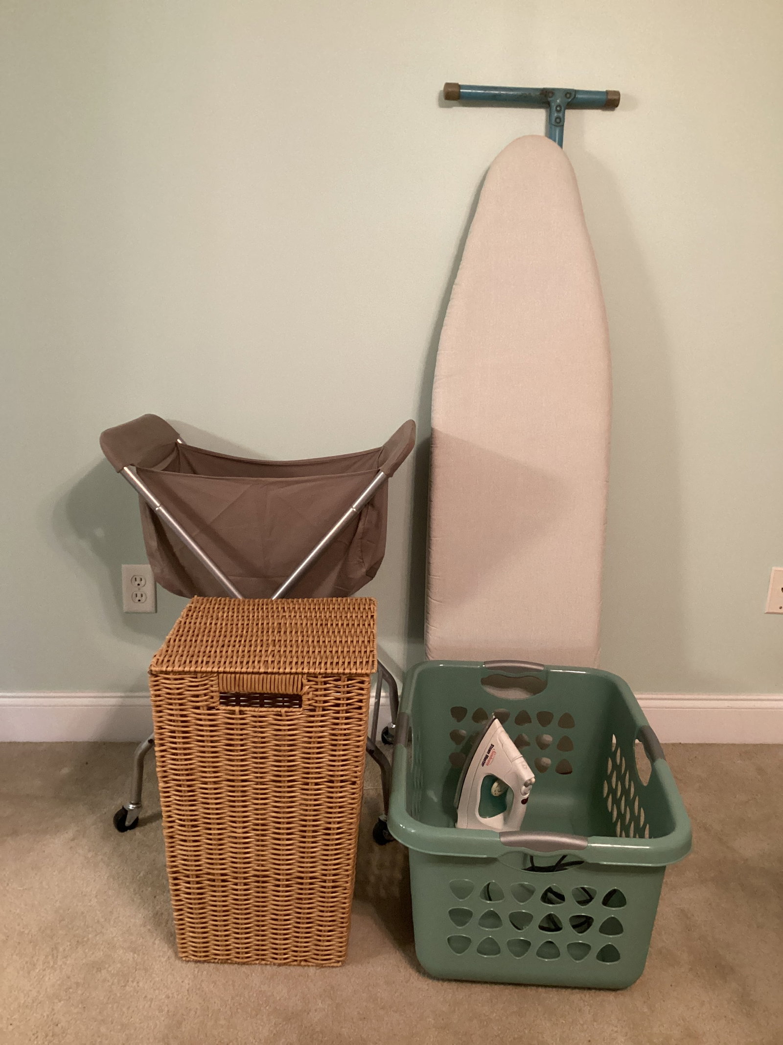 Laundry Hamper on Wheels, Hamper, Laundry Basket, Ironing Board and Iron: shipping unavailable for this lot