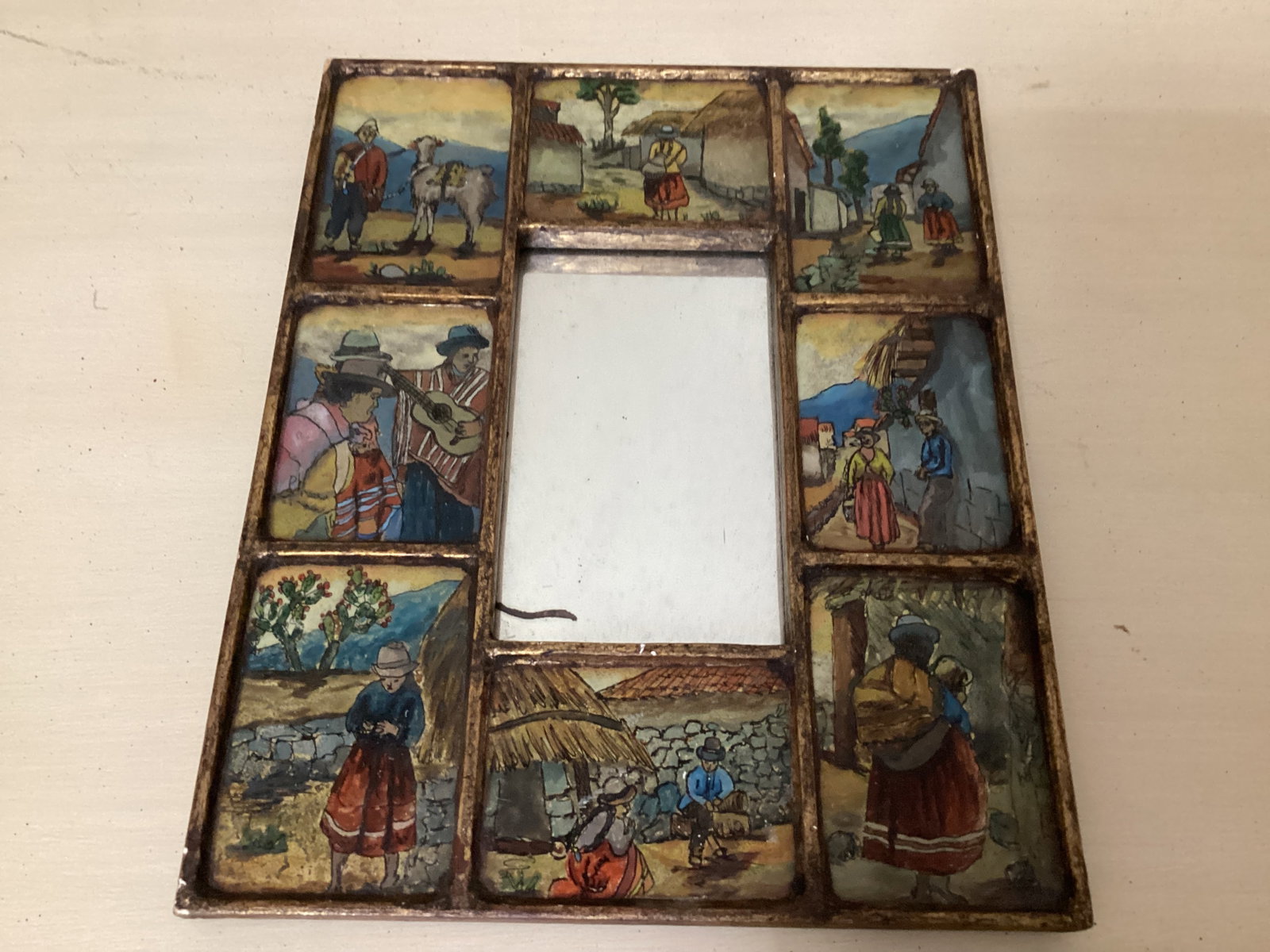Peruvian Reverse Painting Art Mirror: 10" x 12"