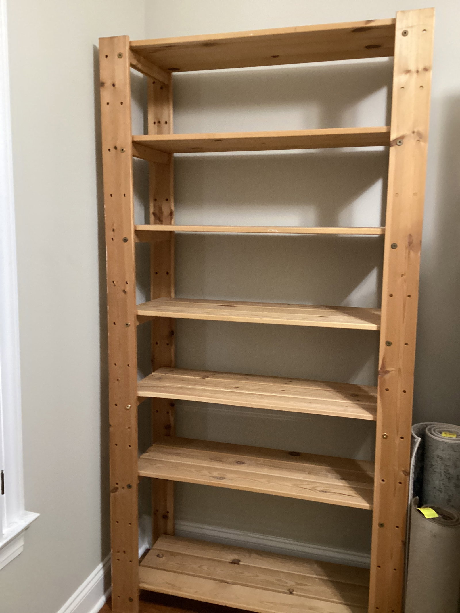 Wood Seven Shelf Unit: 35" w x 13" d x 70" h, possibly Williams Somona or IKEA, matches lot 354, shipping unavailable for this lot, shelves adjustable