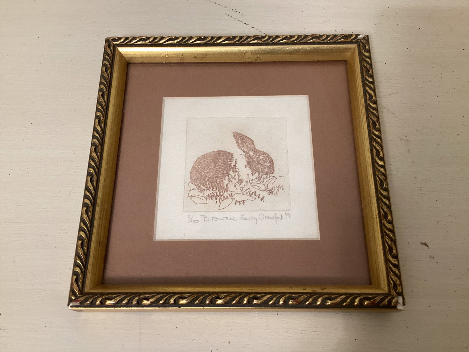 Framed, Matted, Signed Rabbit 9/150 Print: 7" x 7", some damage to frame