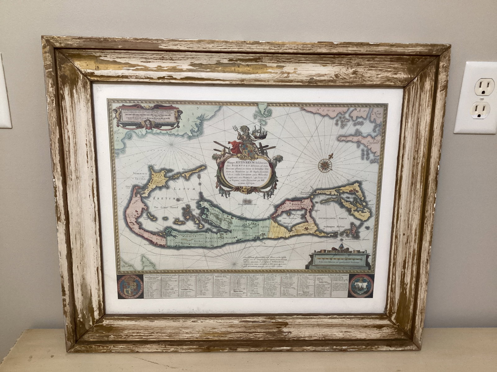 Framed Matted Reproduction Map of Bermuda by Willem Blaeu: 24 3/4" x 20 3/4", shipping unavailable for this lot